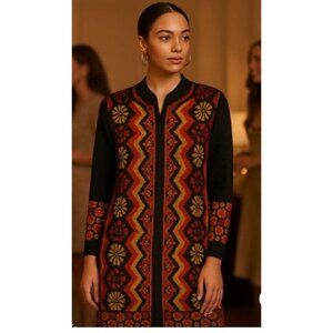 Teacher Long Knit Sweater Black Multicolor Floral Jacquard Pattern L Boho Artsy